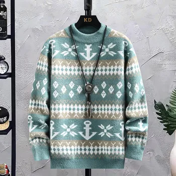 2023 Őszi és téli új divat nyomtatott vastag meleg kötött férfi alkalmi laza kényelmes kiváló minőségű legénynyakú pulóver M-4XL