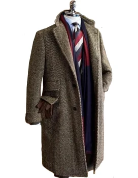 Legújabb téli férfi viselet barna elegáns férfi öltöny hosszú bevágású hajtóka Masculino halszálkás úriember klasszikus férfi öltöny egyedi készítésű