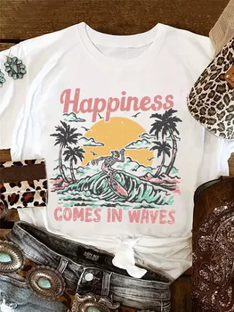 20224 New Beach Summer Surfing női póló Vintage Sea Wave Surfer Skeleton Beach Sunshine Coconut Palm Print női póló