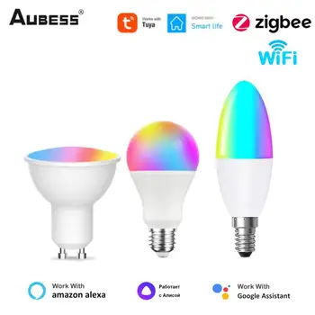 AUBESS Tuya WiFi ZigBee intelligens szabályozható varázsizzó E14 E14 GU10 RGBCW LED izzó Smart Life APP Alexa Google Home Yandex Alice