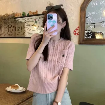 koreai hímzett retro twist pamutpulóver női rövid ujjú póló vágott felső alkalmi tömör vékony pólók pulóverek Új P150