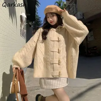 Kapucnis kardigán nők laza tömör meleg téli ruhák pulóverek édes preppy minden mérkőzés Lovely Girls Retro Fashion Koreai Harajuku