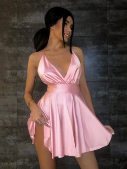 Deep V rózsaszín A-vonalú ruha szexi hát nélküli spagetti pántos szatén ruha 2023 Nyári elegáns party esküvői estélyi ruhák nőknek