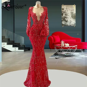 Red Carpet Runway Party ruhák 2022 Egyedi készítésű hosszú ujjú csipke sellő estélyi ruhák köntösök Arab Dubai báli ruhák Vestidos