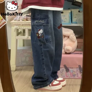 Sanrio Hello Kitty Y2k farmer ruhák női farmer divat széles szárú nadrág Streetwear Vintage nadrág Női anime egyenes farmer
