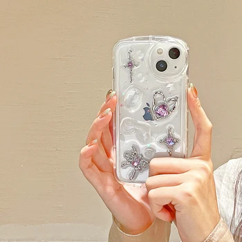 Csillogó 3D fém pillangó lila drágakövek Phone Case átlátszó luxus puha védőtok iPhone 14 13 11 12 Pro Maxhoz