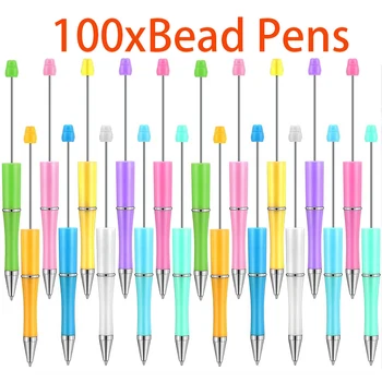 100Pcs műanyag gyöngyözhető tollak Fekete tintás gyöngytollak Aranyos gyöngy golyóstoll DIY gyöngyös tollak gyerekeknek Diákok iskolai kellékek