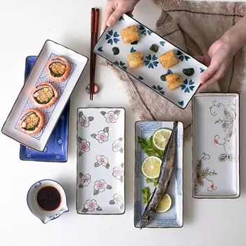 9,7 hüvelyk Japán sushi tál kerámia tányér virág gyümölcs étkészlet téglalap vacsora edények háztartási tányér