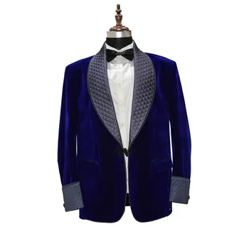 Royal Blue férfi dzseki Egy részes kabát Fekete kendő hajtóka Egymellű normál hosszúságú bársony testreszabott alkalmi blézer Slim Fit