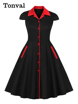 Tonval kontraszt gallér gomb fel Rockabilly vintage pamut ruhák 50S retro női sapkaujj nyári zsebek elegáns ruha