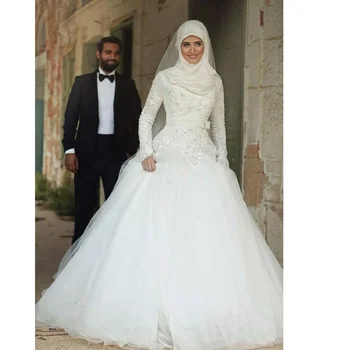 Arab nők estélyi ruhái fedett háttal Gyöngyfűzés Csillogó csipke Hosszú ujjú Muszlim ruhák Hivatalos ruha Esküvői parti Padló hossza