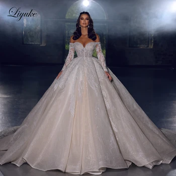 Liyuke Off Vállujjak Báli ruha Esküvői ruha Bling Luxus gyöngyfűző rátétek Csipke menyasszonyi szoknyák Vestido De Noiva