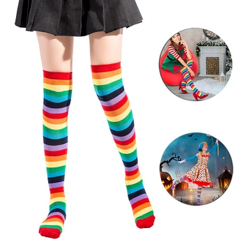 Térdig érő szivárványos zokni comb magas csíkos térdzokni Szivárványcsíkos zokni Harisnya a karácsonyi cosplay jelmezpartira