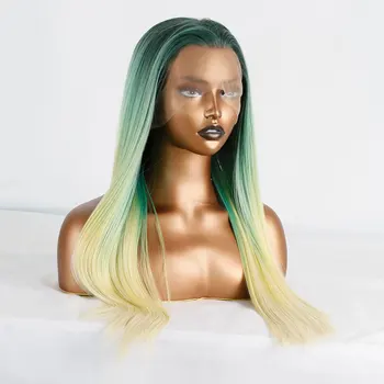 Szintetikus hajcsipke elülső paróka zöld mix sötétzöld ombre szőke egyenes hőálló szálas természetes hajszál nőknek parókák