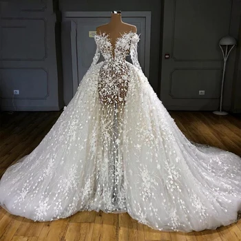 Nehéz gyöngy hosszú ujjú sellő esküvői ruha levehető vonattal Virág menyasszonyi ruha Vestido de Novia 2023