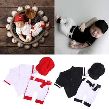 Újszülött baseball jelmez fotózás ruhák baseball egyenruha ing kalap nadrág fotó kellékek baba fotó bodyruha dropship