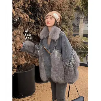 Farmer patchwork utánzat róka szőrme fű, bojt stílus legyőző szőrme gallér női kabát, tél Új 2023