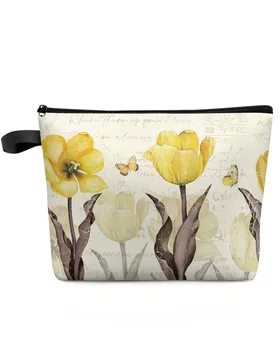 Vintage virágok Pillangók Sárga tulipánok Sminktáska tasak Utazási kellékek Női kozmetikai táskák Szervező Tároló Ceruza tok
