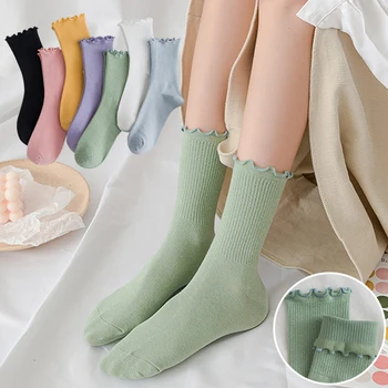 5 pár tavaszi gomba oldal női zokni egyszínű pamut közepes csövű zokni hangulatos tartós aranyos sokoldalú kültéri meleg cölöptömlő