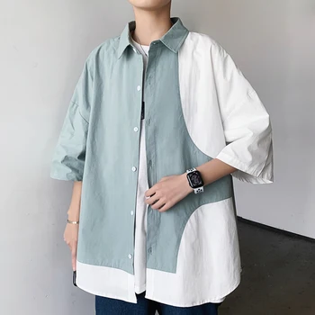 2023 Új nyári férfi rövid ujjú ingek Harajuku felsők férfi ingek patchwork streetwear ruha ingek
