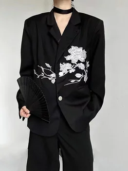 Yohji Yamamoto Original Design Sense Új kínai rózsahímzés alkalmi sötét, laza fekete öltöny férfiaknak és nőknek kabát