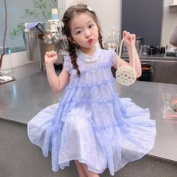 Gyerekruha 2023 nyár Új lányok kínai stílusú kék patchwork torta ujjatlan parti hercegnő ruha