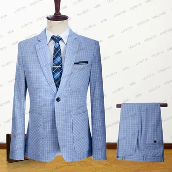 2023 Férfi öltöny Tuxedo Summer Slim Fit vőlegény kék fehér Reto Classic kockás vászon esküvői Terno Masuclino 2 db szett (dzseki + nadrág)