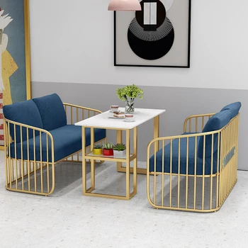 Új design Modern fém tejes teabolt kanapé dupla dohányzóasztal és szék kombinációja nagyszerű áron