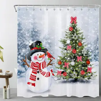 Karácsonyi zuhanyfüggönyök Aranyos hóember Karácsonyfa Téli erdő Havas újévi fali függő szövet Home Fürdőszoba dekoráció horgokkal