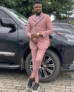 Férfi rózsaszín teljes esküvői öltöny dupla mellű slim fit kabát szettek elegáns férfi Ternos Blazer luxus designer formális ruházat