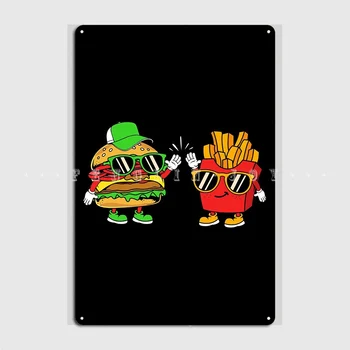 Burger krumpli Foodie poszter Fém plakett Pub Garázs tányérok Club Retro Ón tábla plakát