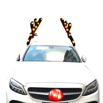 Karácsonyi autó rénszarvas agancs kiegészítők Plüss rénszarvasagancs és orrkészlet LED lámpákkal Automatikus dekorációk csomagtartóhoz és