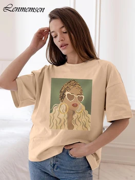 Lenmemsen Trendy Artistic Figure Graphic P Női póló Nyári pamut Rövid ujjú Basic Pólók Női alkalmi laza High Street Top