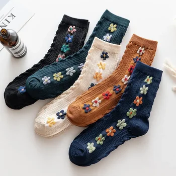 5 pár esztétikus virágos hímzett zokni kötött borjú legénységi zokni női tavaszi midi cső zokni tavaszi ősz koreai japán