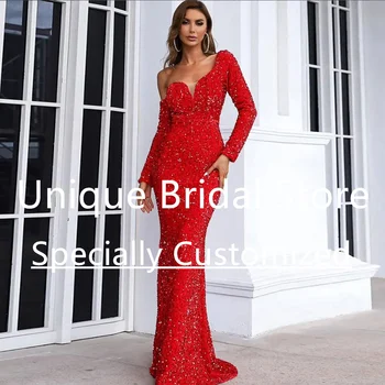 Mermaid Red Prom Dress One Shoulder Long Sleeve V-Neck Vestidos de Gala Sequin 2023 női seprővonat hivatalos alkalmi ruhák