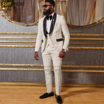 Luxus Jacquard férfi öltönykészletek Esküvői gála Személyre szabott divatjelmezek Hivatalos parti Klasszikus blézer mellény nadrág 3 részes ruhák