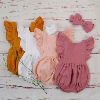 Organikus pamut kislány ruhák Nyár Új dupla géz Kids Ruffle Romper jumpsuit fejpánt poros rózsaszín játszóruha újszülöttnek 3M