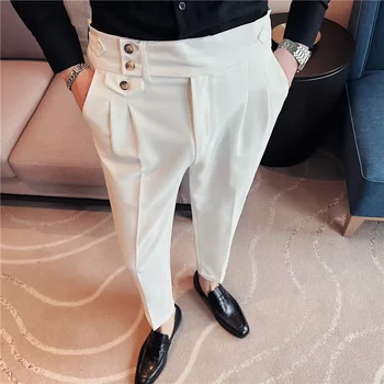 Brit stílusú férfi magas derékú ruhanadrág 2023 őszi egyszínű alkalmi nadrág Slim Fit formális öltönynadrág Divat férfi ruházat