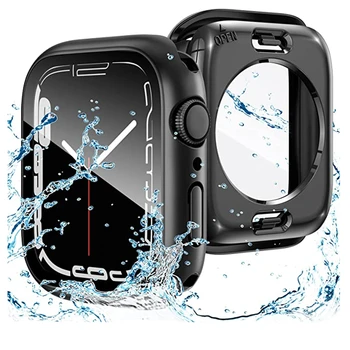 2 az 1-ben vízálló tok Apple Watch 8-hoz 7 45 mm 41 mm-es képernyővédő fólia iWatch 6 5 4 44mm 40mm üvegborítás lökhárító+hátsó keret