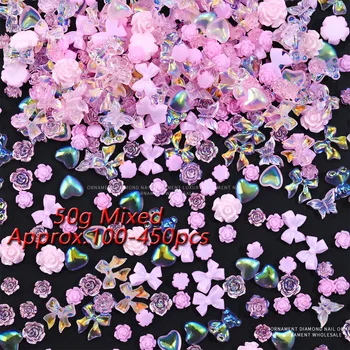 450/200/100Pcs Kawaii gyanta íj virág köröm Art Charms 3D bowknot szív strassz ékszerek köröm dekorációk manikűr alkatrészek (50g)