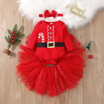 Karácsonyi jelmez kislánynak csipke TUTU ruha szett karácsonyi csecsemő íj fejpánt+Romper+szoknya 3db ruha újszülött tréningruha