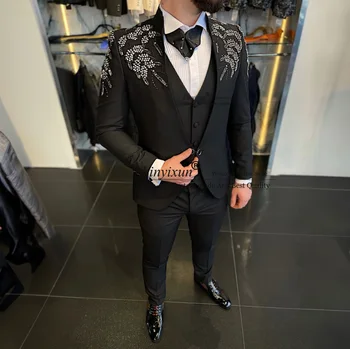 Luxus gyöngyös férfi öltönyök esküvőre 3 részes ruha Vőlegény Tuxedos Slim Fit férfi báli blézer férfi party Terno Masculinos Completo