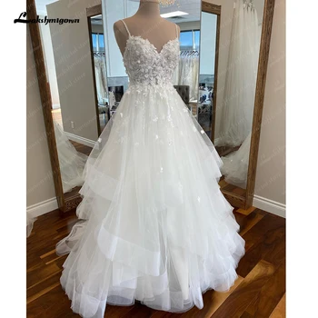 Lakshmigown Spagetti pántok fodros menyasszonyi ruha 2023 köntös Mariage szexi menyasszonyi csipke 3D virágok A Line esküvői ruhák