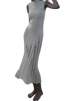 Ripped Bodycon Long Dress Sleeve Sleeve High Neck Ribbed A Line kötött Maxi Dress Casual Beach Dress