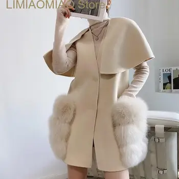 Új Híres márka Őszi tél Luxus nők Valódi gyapjú kasmír Szőrme mellény Hosszú Real Fox szőrme dzsekik Abrigos de lana