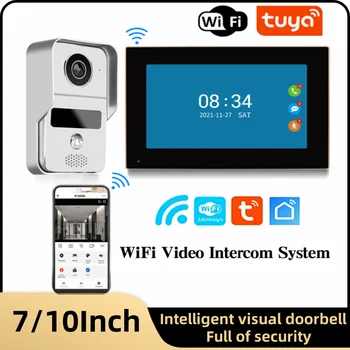 Tuya 1080P 10/7 hüvelykes színes érintőképernyő vezeték nélküli WiFi videó csengő Smart APP otthoni kaputelefon készlet RFID beléptető rendszerhez