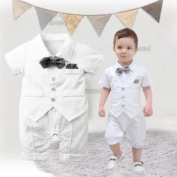 Keresztelő ruhák egy fiúnak Fehér romper pulóver Csecsemő úriember keresztelő ruha Újszülött esküvő 1. születésnapi hivatalos ruha öltöny