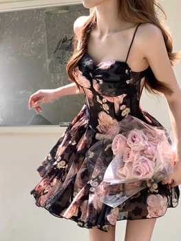 2023 Nyári koreai divat elegáns édes virágos ruha női V nyak Y2k rövid partiruha bodycon Lolita szexi miniruha strand