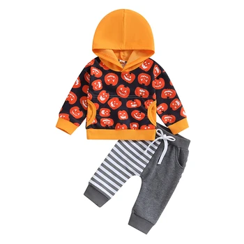 Caoirhny Toddler Boy Halloween Clothes Pumpkin Print Long Sleeve Hoodies Elastic Derékcsíkos patchwork nadrág 2Db Ruha