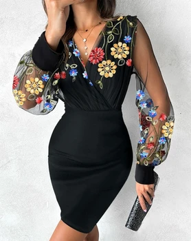Női ruhák Tavaszi divat Virágos hímzés Puszta hálófolt Szexi V-nyakú hosszú ujjú vékony Mini Party ruha